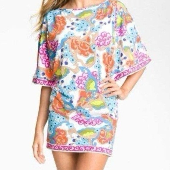 Trina Turk Caprice Swim Cover Up Tunic Dress Dolman Sleeves Colorful Sz Large - Picture 1 of 4